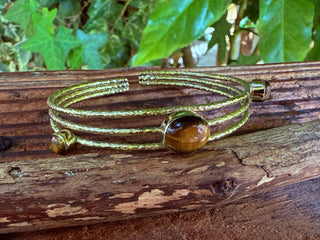 Tripe Stone Tiger's Eye Hammered Brass Bracelet / Adjustable / Bohemian Jewellery / Ethnic / Boho / Gift for Her / Artisanal