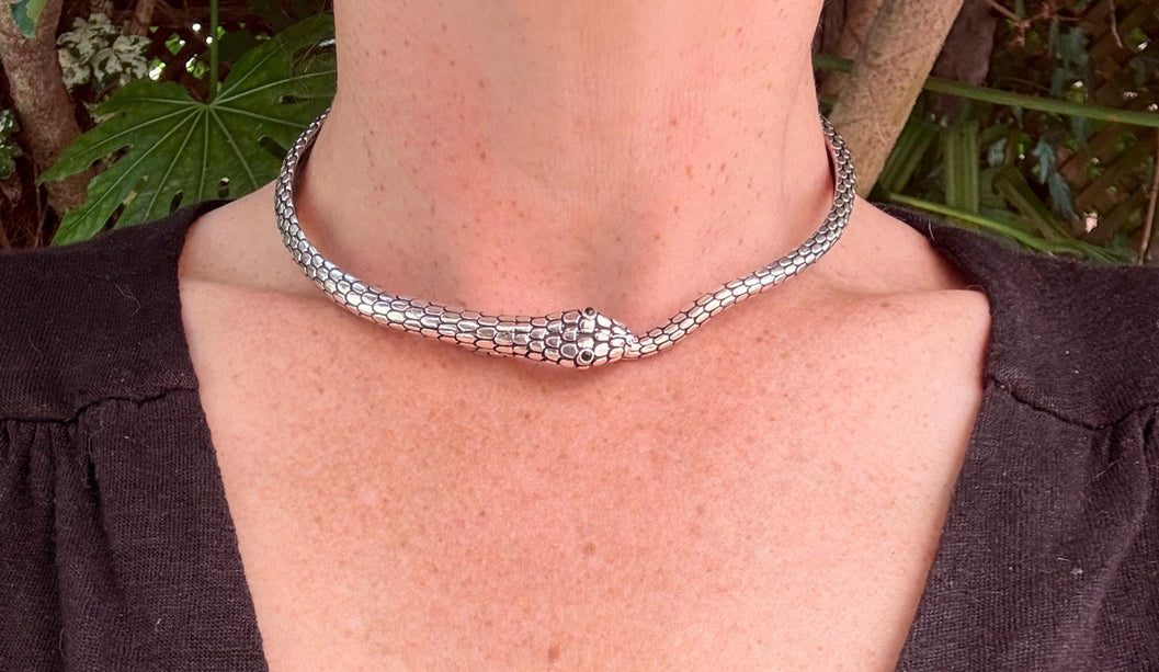 Snake Silver Choker Serpent Necklace / Costume Medusa / Lightweight / Boho / Tribal / Hippie / Rustic / Vegan / Aztec / Festival Fashion