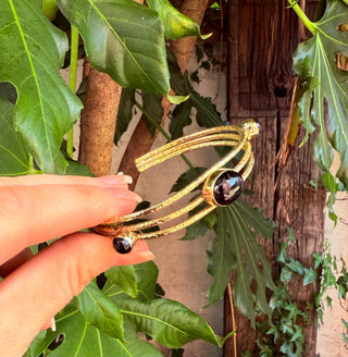 Triple Stone Black Onyx Hammered Brass Bracelet / Adjustable / Bohemian Jewellery / Ethnic Style / Rustic / Boho / Gift for Her / Artisanal
