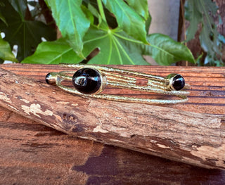 Triple Stone Black Onyx Hammered Brass Bracelet / Adjustable / Bohemian Jewellery / Ethnic Style / Rustic / Boho / Gift for Her / Artisanal