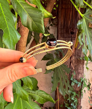 Triple Stone Black Onyx Hammered Brass Bracelet / Adjustable / Bohemian Jewellery / Ethnic Style / Rustic / Boho / Gift for Her / Artisanal