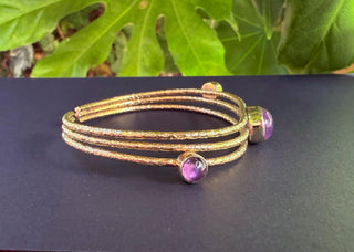 Triple Stone Amethyst Hammered Brass Bracelet / Adjustable / Bohemian Jewellery / Ethnic Style / Rustic / Boho / Gift for Her / Artisanal /