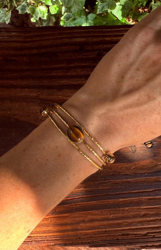 Tripe Stone Tiger's Eye Hammered Brass Bracelet / Adjustable / Bohemian Jewellery / Ethnic / Boho / Gift for Her / Artisanal