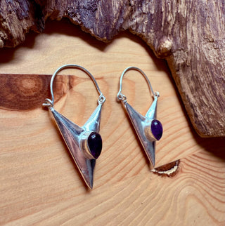 Amethyst Silver Triangle Earrings / Geometric / Tribal / Mandala / Ethnic / Rustic / Yoga / Boho / Bohemian / Festival Fashion / Crystals