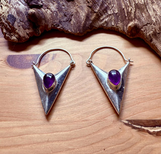 Amethyst Silver Triangle Earrings / Geometric / Tribal / Mandala / Ethnic / Rustic / Yoga / Boho / Bohemian / Festival Fashion / Crystals