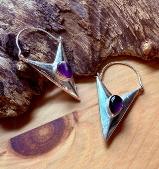 Amethyst Silver Triangle Earrings / Geometric / Tribal / Mandala / Ethnic / Rustic / Yoga / Boho / Bohemian / Festival Fashion / Crystals