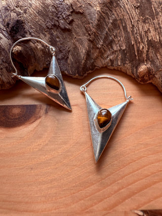 Tiger's Eye Silver Triangle Earrings / Geometric / Tribal / Mandala / Ethnic / Rustic / Yoga / Boho / Bohemian / Festival Fashion