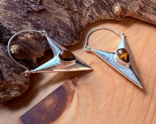 Tiger's Eye Silver Triangle Earrings / Geometric / Tribal / Mandala / Ethnic / Rustic / Yoga / Boho / Bohemian / Festival Fashion