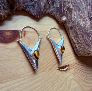 Tiger's Eye Silver Triangle Earrings / Geometric / Tribal / Mandala / Ethnic / Rustic / Yoga / Boho / Bohemian / Festival Fashion