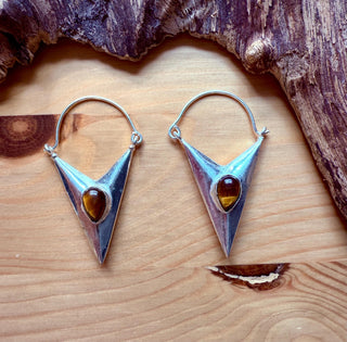 Tiger's Eye Silver Triangle Earrings / Geometric / Tribal / Mandala / Ethnic / Rustic / Yoga / Boho / Bohemian / Festival Fashion