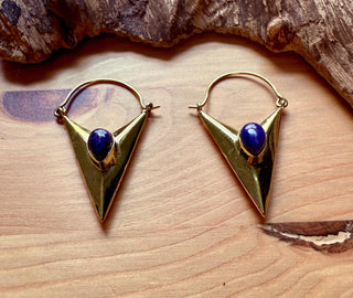 Lapis Lazuli Triangle Earrings / Brass / Geometric / Tribal / Mandala / Ethnic / Rustic / Yoga / Boho / Bohemian / Festival Fashion