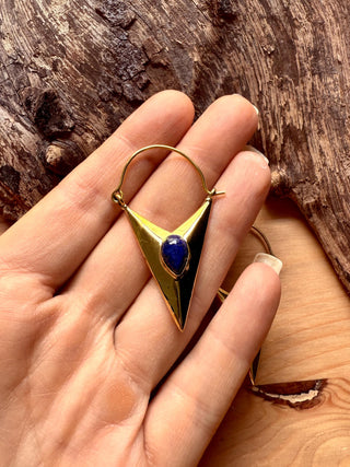 Lapis Lazuli Triangle Earrings / Brass / Geometric / Tribal / Mandala / Ethnic / Rustic / Yoga / Boho / Bohemian / Festival Fashion