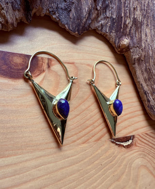Lapis Lazuli Triangle Earrings / Brass / Geometric / Tribal / Mandala / Ethnic / Rustic / Yoga / Boho / Bohemian / Festival Fashion