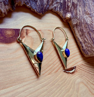 Lapis Lazuli Triangle Earrings / Brass / Geometric / Tribal / Mandala / Ethnic / Rustic / Yoga / Boho / Bohemian / Festival Fashion