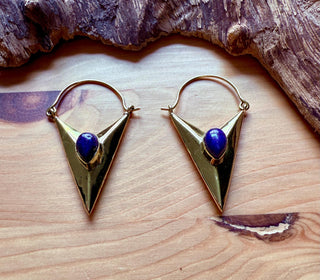 Lapis Lazuli Triangle Earrings / Brass / Geometric / Tribal / Mandala / Ethnic / Rustic / Yoga / Boho / Bohemian / Festival Fashion