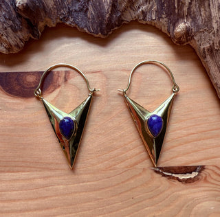 Lapis Lazuli Triangle Earrings / Brass / Geometric / Tribal / Mandala / Ethnic / Rustic / Yoga / Boho / Bohemian / Festival Fashion