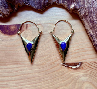 Lapis Lazuli Triangle Earrings / Brass / Geometric / Tribal / Mandala / Ethnic / Rustic / Yoga / Boho / Bohemian / Festival Fashion