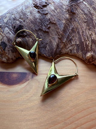 Carnelian Triangle Earrings / Brass / Geometric / Tribal / Mandala / Ethnic / Rustic / Yoga / Boho / Bohemian / Festival Fashion