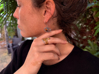 Turquoise Pendant Eye Brass Earrings, Dangling Statement Fish Hook, Unique Jewellery, Gift for Spiritual Woman