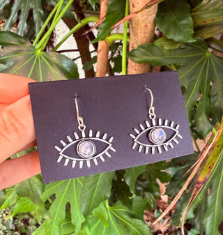Moonstone Silver Evil Eye Earrings / Protection Jewellery / Boho / Bohemian / Rustic / Tribal / Gypsy / Festival / Healing / Festival