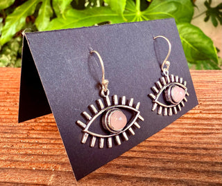 Rose Quartz Silver Evil Eye Earrings / Protection Jewellery / Boho / Bohemian / Rustic / Tribal / Gypsy / Festival / Healing / Festival