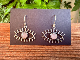 Rose Quartz Silver Evil Eye Earrings / Protection Jewellery / Boho / Bohemian / Rustic / Tribal / Gypsy / Festival / Healing / Festival