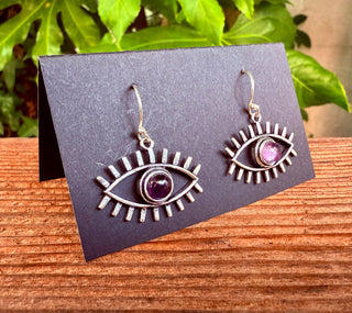 Amethyst Silver Evil Eye Earrings / Protection Jewellery / Boho / Bohemian / Rustic / Tribal / Gypsy / Festival / Healing / Festival