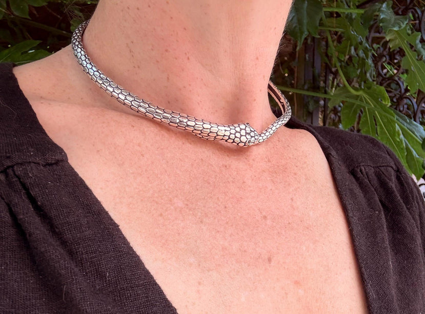 Snake Silver Choker Serpent Necklace / Costume Medusa / Lightweight / Boho / Tribal / Hippie / Rustic / Vegan / Aztec / Festival Fashion