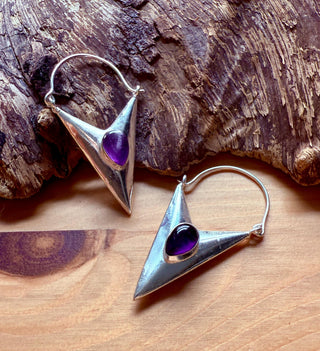 Amethyst Silver Triangle Earrings / Geometric / Tribal / Mandala / Ethnic / Rustic / Yoga / Boho / Bohemian / Festival Fashion / Crystals