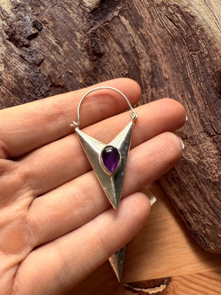 Amethyst Silver Triangle Earrings / Geometric / Tribal / Mandala / Ethnic / Rustic / Yoga / Boho / Bohemian / Festival Fashion / Crystals
