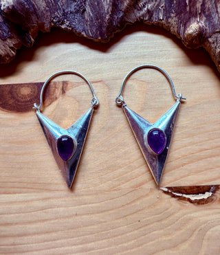 Amethyst Silver Triangle Earrings / Geometric / Tribal / Mandala / Ethnic / Rustic / Yoga / Boho / Bohemian / Festival Fashion / Crystals