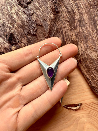 Amethyst Silver Triangle Earrings / Geometric / Tribal / Mandala / Ethnic / Rustic / Yoga / Boho / Bohemian / Festival Fashion / Crystals