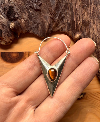 Tiger's Eye Silver Triangle Earrings / Geometric / Tribal / Mandala / Ethnic / Rustic / Yoga / Boho / Bohemian / Festival Fashion