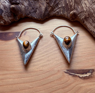Tiger's Eye Silver Triangle Earrings / Geometric / Tribal / Mandala / Ethnic / Rustic / Yoga / Boho / Bohemian / Festival Fashion