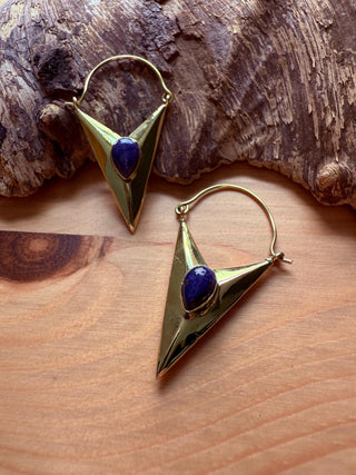 Lapis Lazuli Triangle Earrings / Brass / Geometric / Tribal / Mandala / Ethnic / Rustic / Yoga / Boho / Bohemian / Festival Fashion
