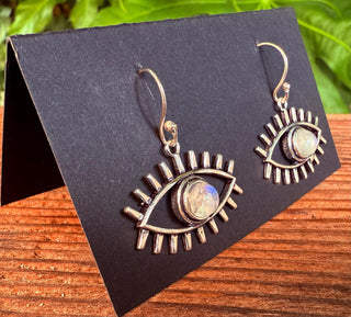Moonstone Silver Evil Eye Earrings / Protection Jewellery / Boho / Bohemian / Rustic / Tribal / Gypsy / Festival / Healing / Festival