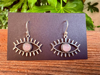 Rose Quartz Silver Evil Eye Earrings / Protection Jewellery / Boho / Bohemian / Rustic / Tribal / Gypsy / Festival / Healing / Festival