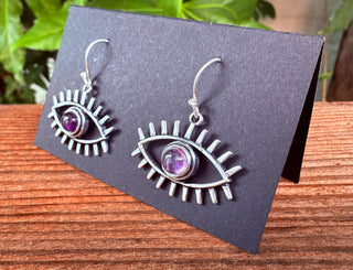 Amethyst Silver Evil Eye Earrings / Protection Jewellery / Boho / Bohemian / Rustic / Tribal / Gypsy / Festival / Healing / Festival