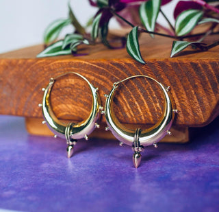 Tribal Chunky Brass Hoops; Ethnic Spike Boho Chic Rustic Psy Gypsy Spiral Hippie Punk Steampunk