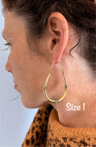 Bali Golden Oval Hoop Earrings / Brass Long / Tribal / Ethnic / Rustic / Bohemian / Gypsy