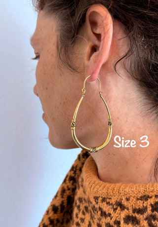Bali Golden Oval Hoop Earrings / Brass Long / Tribal / Ethnic / Rustic / Bohemian / Gypsy