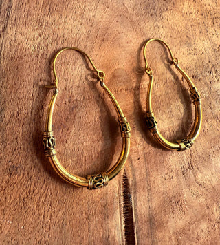 Bali Golden Oval Hoop Earrings / Brass Long / Tribal / Ethnic / Rustic / Bohemian / Gypsy