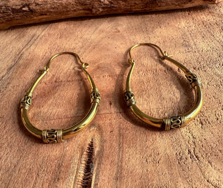 Bali Golden Oval Hoop Earrings / Brass Long / Tribal / Ethnic / Rustic / Bohemian / Gypsy