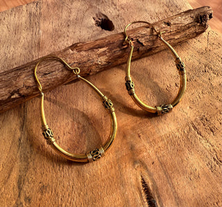 Bali Golden Oval Hoop Earrings / Brass Long / Tribal / Ethnic / Rustic / Bohemian / Gypsy