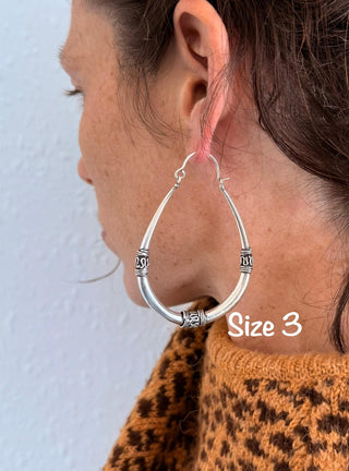 Bali Silver Oval Hoop Earrings / Brass Long / Tribal / Ethnic / Rustic / Bohemian / Gypsy