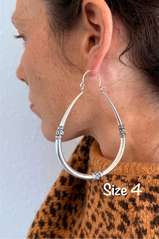 Bali Silver Oval Hoop Earrings / Brass Long / Tribal / Ethnic / Rustic / Bohemian / Gypsy