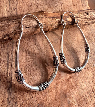 Bali Silver Oval Hoop Earrings / Brass Long / Tribal / Ethnic / Rustic / Bohemian / Gypsy
