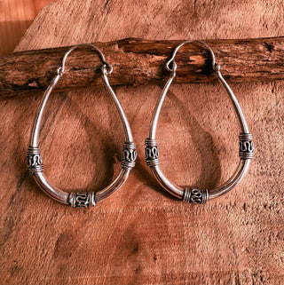Bali Silver Oval Hoop Earrings / Brass Long / Tribal / Ethnic / Rustic / Bohemian / Gypsy