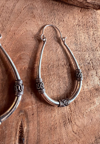 Bali Silver Oval Hoop Earrings / Brass Long / Tribal / Ethnic / Rustic / Bohemian / Gypsy