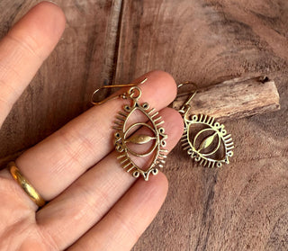Gold Third Eye Earrings / Brass / Chakra / Geometric / Rustic / Yoga / Hippie / Gypsy / Psy / Boho / Bohemian / Festival
